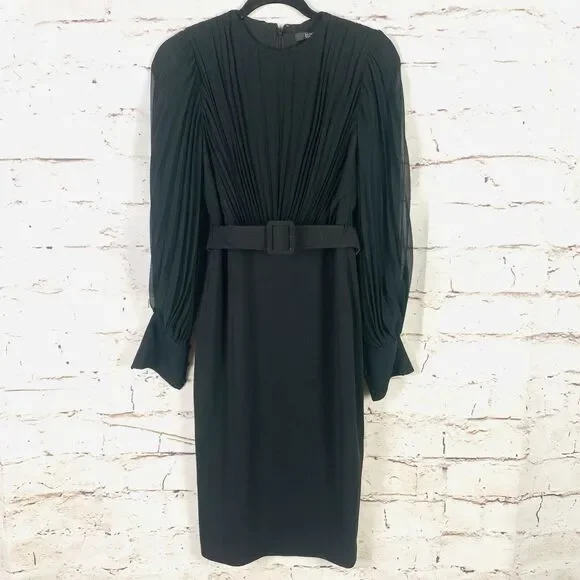 Badgley Mischka Women's Black Puff Pleated Sleeve Bodycon Sheath Midi Dress Sz 0 - Picture 1 of 7